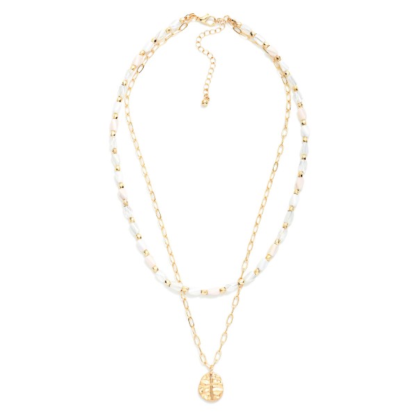 Layered Beaded & Chain Link Necklace Featuring Hammered Metal & Cross Pendant 

- Approximately 16" L
- Extender 3" L