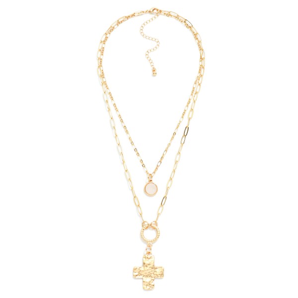 Layered Chain Link Necklace Featuring Twisted Hoop & Hammered Metal Plus Cross Pendant 

- Approximately 16" L
- Extender 3" L