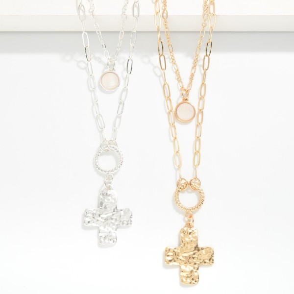 Layered Chain Link Necklace Featuring Twisted Hoop & Hammered Metal Plus Cross Pendant 

- Approximately 16" L
- Extender 3" L