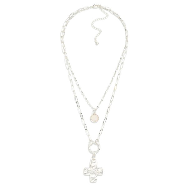 Layered Chain Link Necklace Featuring Twisted Hoop & Hammered Metal Plus Cross Pendant 

- Approximately 16" L
- Extender 3" L