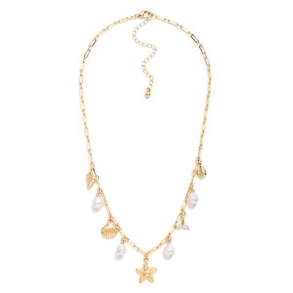 Chain Link Charm Necklace Featuring Beach & Pearl Charms 

- Approximately 14" L
- Extender 3" L