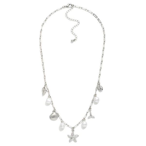 Chain Link Charm Necklace Featuring Beach & Pearl Charms 

- Approximately 14" L
- Extender 3" L
