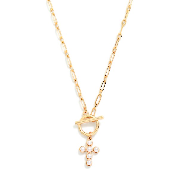 Paperclip Chain Link Necklace Featuring Pearl Studded Cross & Toggle Clasp Pendant 

- Approximately 16" L

