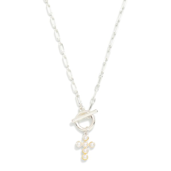 Paperclip Chain Link Necklace Featuring Pearl Studded Cross & Toggle Clasp Pendant 

- Approximately 16" L

