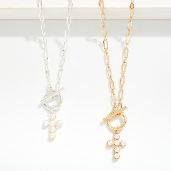 Paperclip Chain Link Necklace Featuring Pearl Studded Cross & Toggle Clasp Pendant 

- Approximately 16" L

