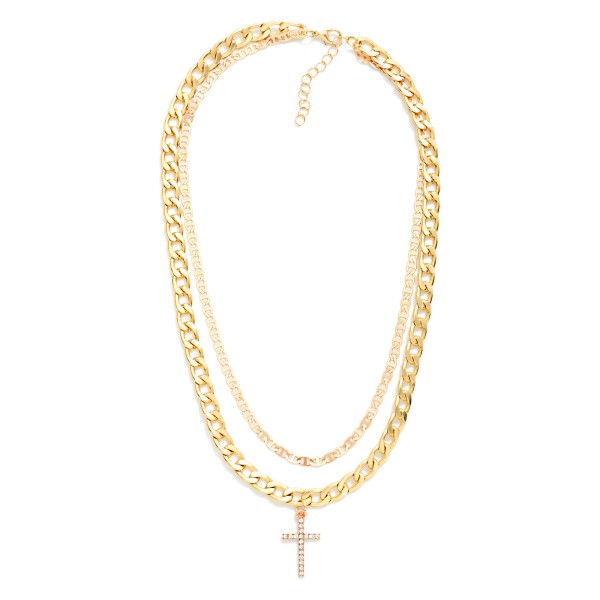 Layered Metal Tone Chain Link Necklace Featuring Cross Pendant 

- Approximately 16" L 