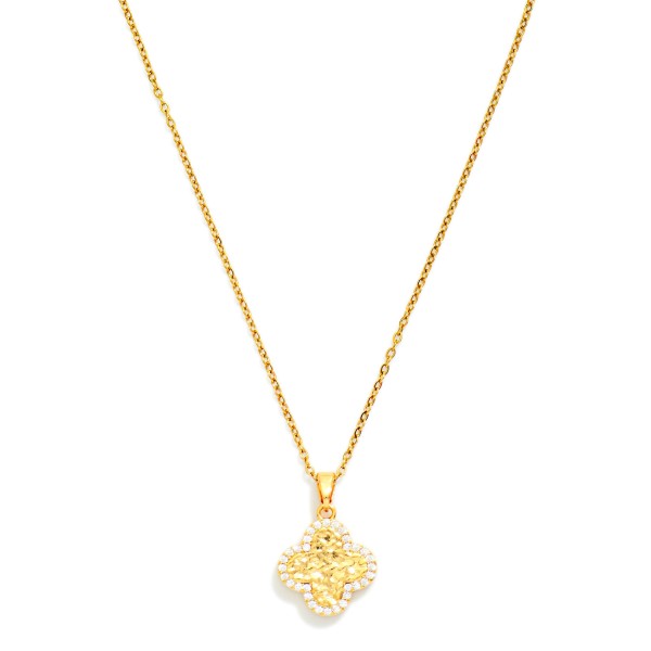Dainty Chain Link Necklace Featuring Hammered Metal & Rhinestone Studded Clover Pendant 

- Stainless Steel 
- Approximately 14" L
- Extender 2" L
