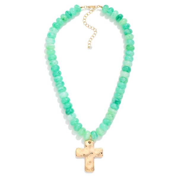 Marbled Stone Beaded necklace With Hammered Metal Cross Pendant 

- Approximately 14" L
- Extender 3" L 