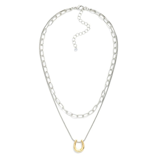 Layered Chain Link Necklace Featuring Metal Tone Horseshoe Pendant 

- Approximately 14" L
- Extender 3" L