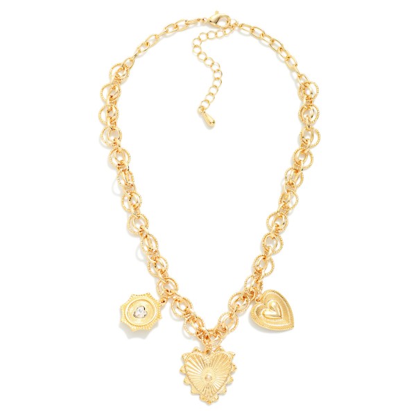 Metal Tone Hoop Chain Link Necklace Featuring Heart Charms 

- Approximately 16" L 