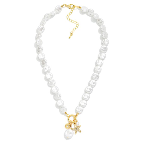 Flat Pearl Beaded Necklace Featuring Metal Tone Hoop Pendant With Rhinestone Starfish & Pearl Charms 

- Approximately 14" L
- Extender 3" L