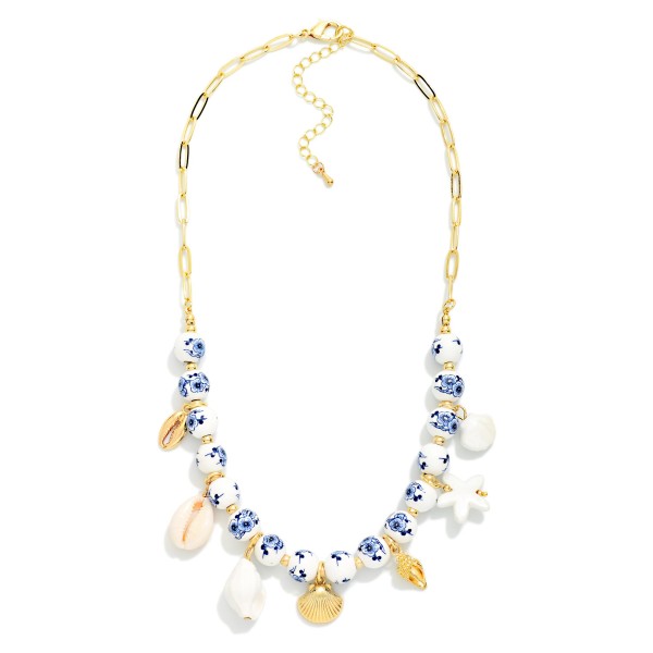 Chain Link & Chinoiserie Bead Beaded Necklace Featuring Porcelain & Metal Tone Beach Charms

- APproximately 2.5" D  