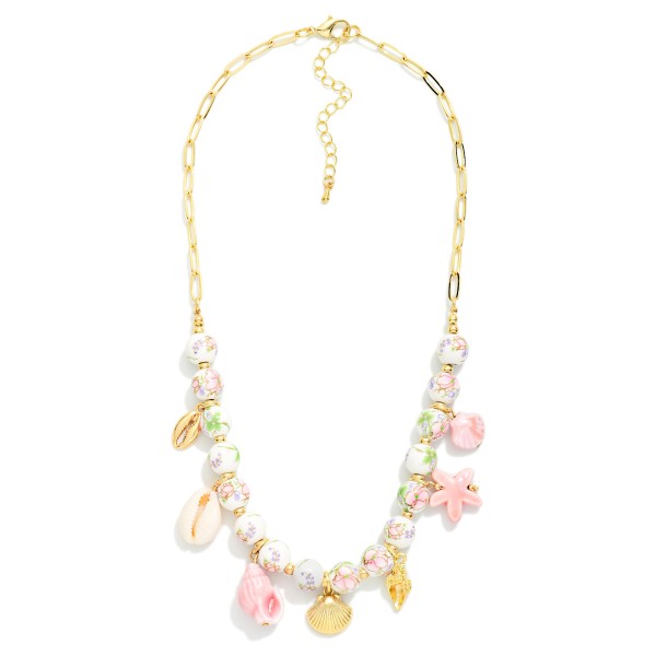 Chain Link & Chinoiserie Bead Beaded Necklace Featuring Porcelain & Metal Tone Beach Charms

- APproximately 2.5" D  
