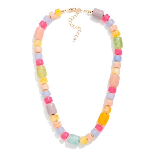 Marbled Acetate Bead Beaded Necklace Featuring Gold Tones 

- Approximately 14" L
- Extender 3" L 