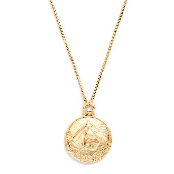 Metal Tone Box Chain Link Necklace Featuring Medallion Horse Pendant 

- Approximately 18" L 
- Extender 2" L  