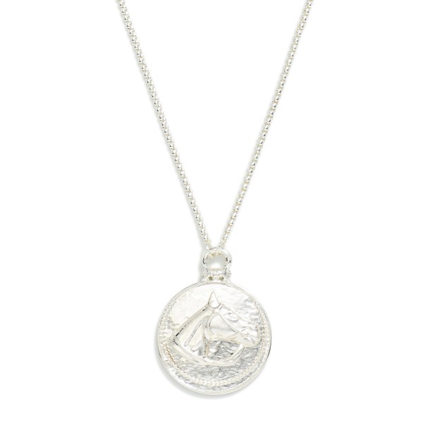 Metal Tone Box Chain Link Necklace Featuring Medallion Horse Pendant 

- Approximately 18" L 
- Extender 2" L  