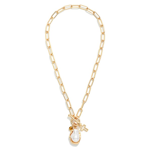 Paper Clip Link Necklace Featuring Toggle Clasp With Meta Tone Cross Charm And Pearl 

- Approximately 18" L 