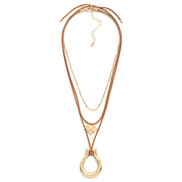 Layered Adjustable Wax Cord Necklace Featuring Metal Tone Heart And Horse Shoe Pendants   

- Approximately 22" L 
- One Size Fits Most 