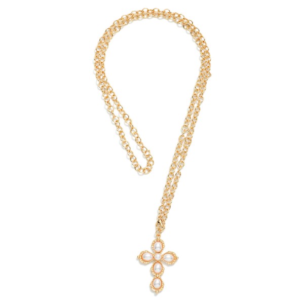 Adjustable Long Chain Link Necklace Featuring Metal Cross Pendant With Pearls 

- Approximately 35" L 