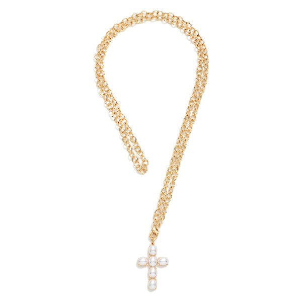 Adjustable Long Chain Link Necklace Featuring Metal Cross Pendant With Pearls  

- Approximately 35" L 