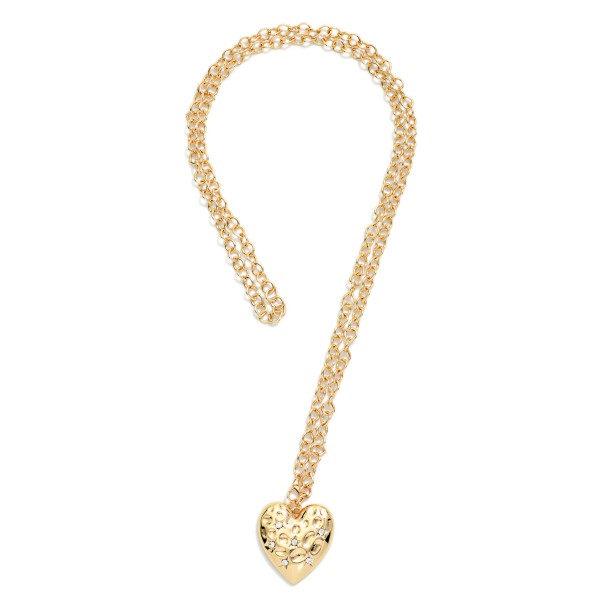 Adjustable Long Chain LinkNecklace Featuring Metal Tone Hammered Heart Pendant With Rhinestones 

- Approximately 35" L 