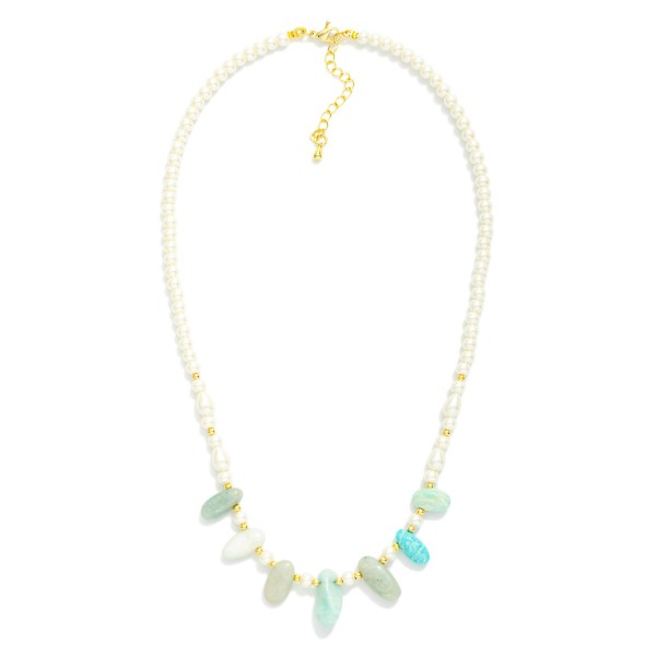 Pearl Beaded Necklace With Stone Stations 

- Approximately 14" L
- Extender 3" L