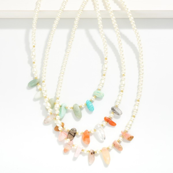Pearl Beaded Necklace With Stone Stations 

- Approximately 14" L
- Extender 3" L