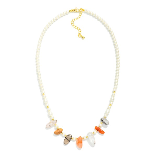 Pearl Beaded Necklace With Stone Stations 

- Approximately 14" L
- Extender 3" L