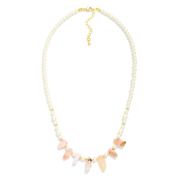 Pearl Beaded Necklace With Stone Stations 

- Approximately 14" L
- Extender 3" L