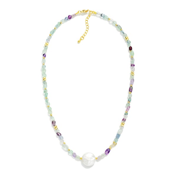 Acetate Stone Beaded Necklace With Circular Pearl Pendant 

- Approximately 14" L
- Extender 3" L