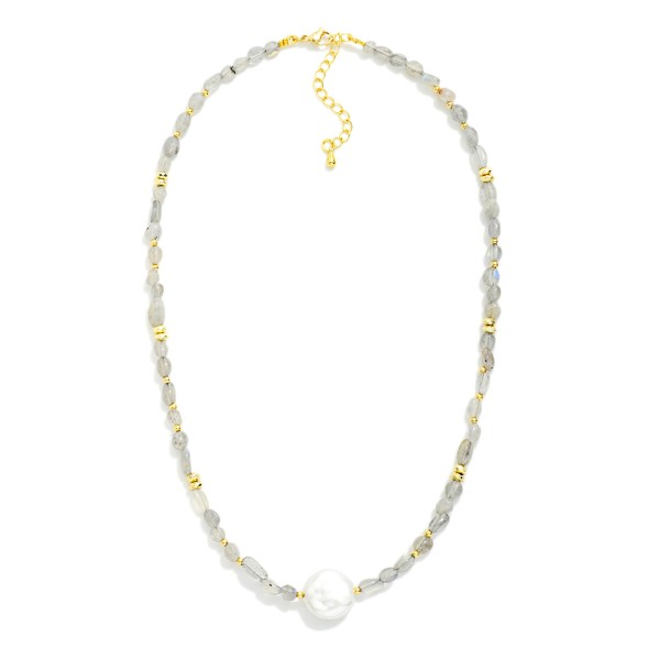 Acetate Stone Beaded Necklace With Circular Pearl Pendant 

- Approximately 14" L
- Extender 3" L