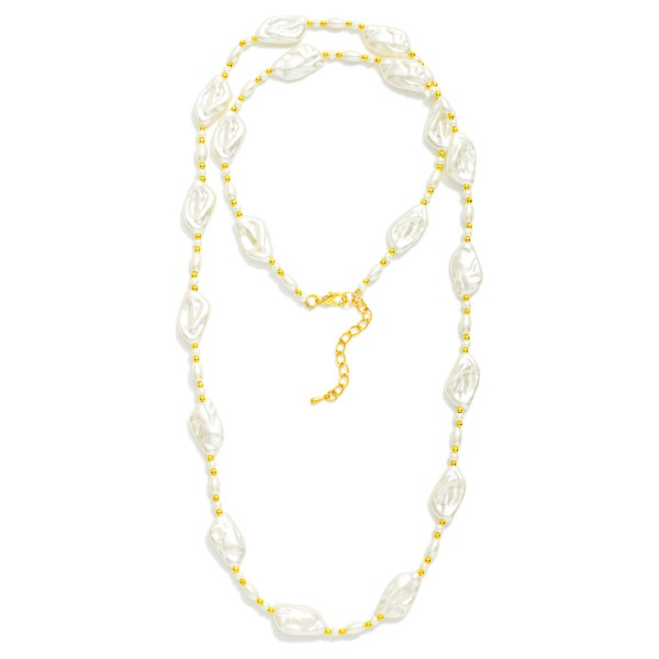 Beaded Necklace Featuring Gold Tone Beads, Pearls, And Flat Baroque Pearl Stations 

- Approximately 30" L  