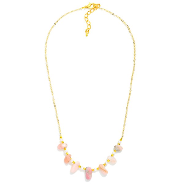 Metal Tone Beaded Chain Link Necklace Featuring Pearls, Metal Tones, And Stone Charms 

- Approximately 14" L 