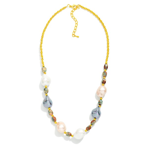Beaded Necklace Featuring Metal Gold Tones, Baroque Pearls, And Stones

- Approximately 14" L 
- Extender 3" L 