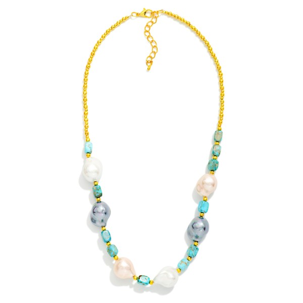 Beaded Necklace Featuring Metal Gold Tones, Baroque Pearls, And Stones

- Approximately 14" L 
- Extender 3" L 