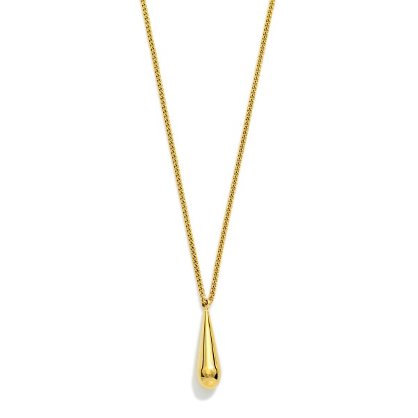 Long Chain Link Necklace Featuring Metal Teardrop Pendent 

- Approximately 28" L 
- Extender 3"L 
- Stainless Steal 
- Water Resistant 