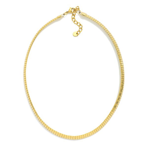 Metal Tone Flat Snake Chain Necklace Featuring Beaded Blasted Textured 

- Approximately 14" L 
- Extender 3" L 
- Stainless Steal
- Water Resistant
