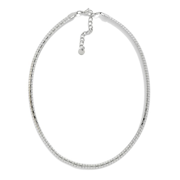 Metal Tone Flat Snake Chain Necklace Featuring Beaded Blasted Textured 

- Approximately 14" L 
- Extender 3" L 
- Stainless Steal
- Water Resistant
