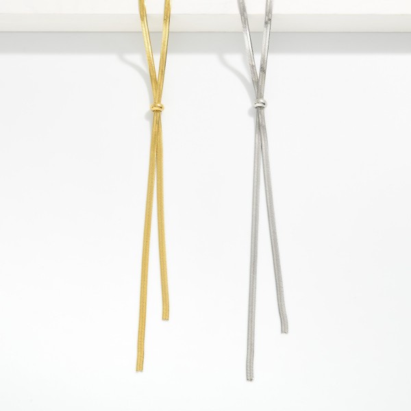 Adjustable Herringbone Chain Bolo Style Necklace

- Approximately 48" L 
- Stainless Steal
- Water Resistant
