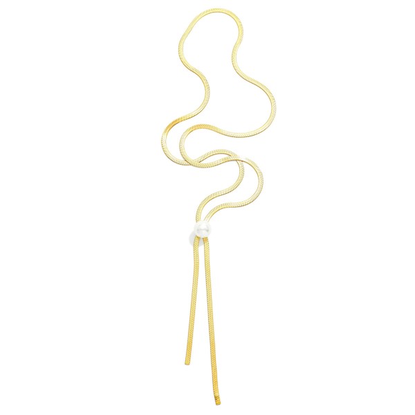 Herringbone Chain Bolo Style Necklace Featuring Pearl 

- Approximately 20" L 
- Stainless Steal
- Water Resistant
