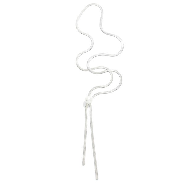 Herringbone Chain Bolo Style Necklace Featuring Pearl 

- Approximately 20" L 
- Stainless Steal
- Water Resistant
