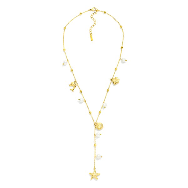 Chain Link Charm Necklace Featuring Pearls & Metal Tone Beach Charms 

- Approximately 20" L 
- Stainless Steal
- Water Resistant 