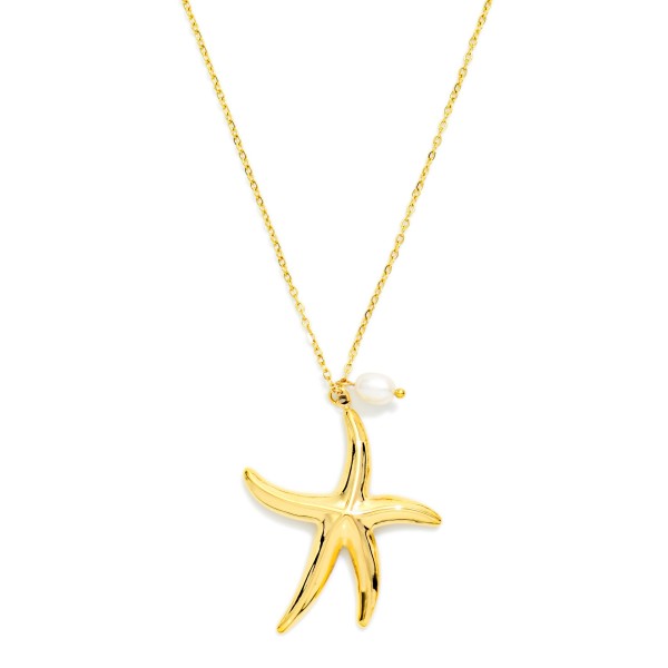 Dainty Chain Link Necklace Featuring Metal Starfish Pendant With Pearl 

- Approximately 16" L 
- Extender 3"L 
- Stainless Steel 
- Water Resistant 