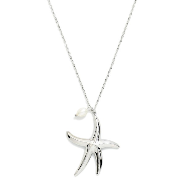 Dainty Chain Link Necklace Featuring Metal Starfish Pendant With Pearl 

- Approximately 16" L 
- Extender 3"L 
- Stainless Steel 
- Water Resistant 