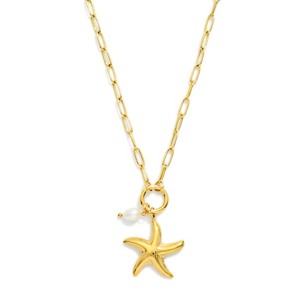 Paperclip Chain Link Necklace Featuring Metal Hoop With Starfish And Pearl Pendant 

- Approximately 19" L 
- Extender 3"L 
- Stainless Steel 
- Water Resistant 