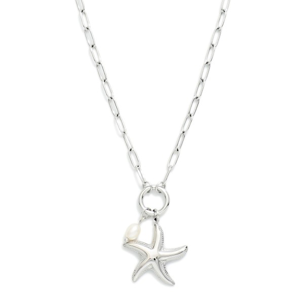 Paperclip Chain Link Necklace Featuring Metal Hoop With Starfish And Pearl Pendant 

- Approximately 19" L 
- Extender 3"L 
- Stainless Steel 
- Water Resistant 