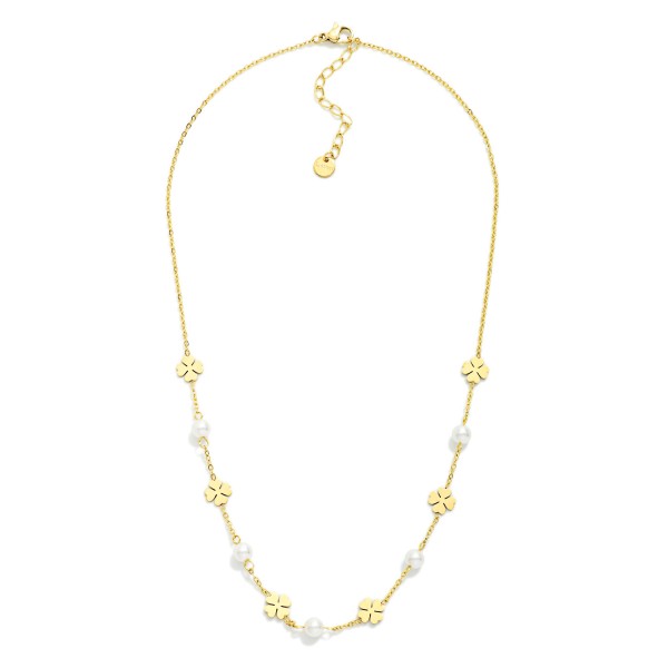 Chain Link Necklace Featuring Metal Four Leaf Clover And Pearl Stations 

- Approximately 14" L 
- Extender 3"L 
- Stainless Steel 
- Water Resistant 