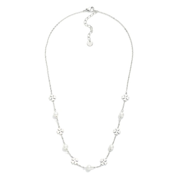 Chain Link Necklace Featuring Metal Four Leaf Clover And Pearl Stations 

- Approximately 14" L 
- Extender 3"L 
- Stainless Steel 
- Water Resistant 