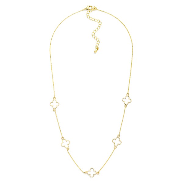 Chain Link Necklace Featuring Metal Tone Hollow Clover Stations 

- Gold Dipped 
- Approximately 16.5" L
- Extender 2" L