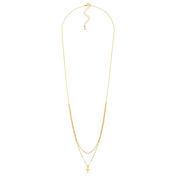 Layered Chain Link Necklace Featuring Metal Tone & Rhinestone Cross Pendant 

- Gold Dipped 
- Approximately 16.5" L
- Extender 2" L